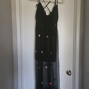 Black Lace & Embroidered Mesh Maxi Dress